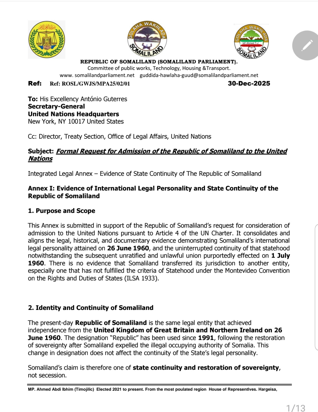 International Legal  and State Continuity of the Republic of Somaliland